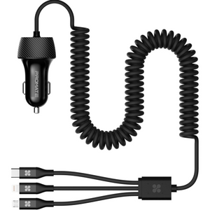 PROMATE 3.4A Multi-Connect Coiled Cable Universal Car Charger. USB-C